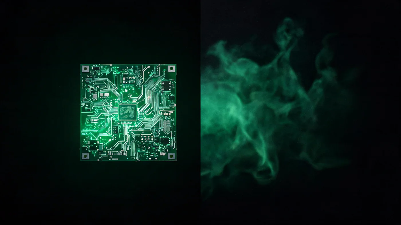 Un chip esmeralda real frente a humo verde disolviéndose — IA real o humo