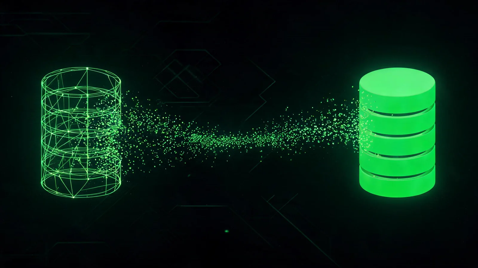 Morph — migración de bases de datos visualizada: un cilindro wireframe disolviéndose en partículas que se reconstruyen en otro sólido