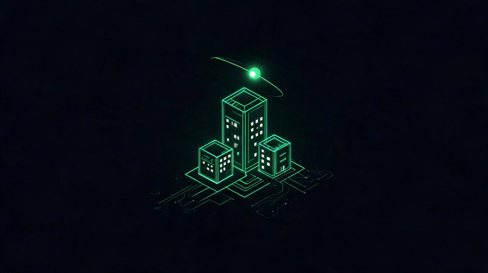Norden — edificios isométricos en wireframe esmeralda con una chispa de copiloto orbitando la torre principal